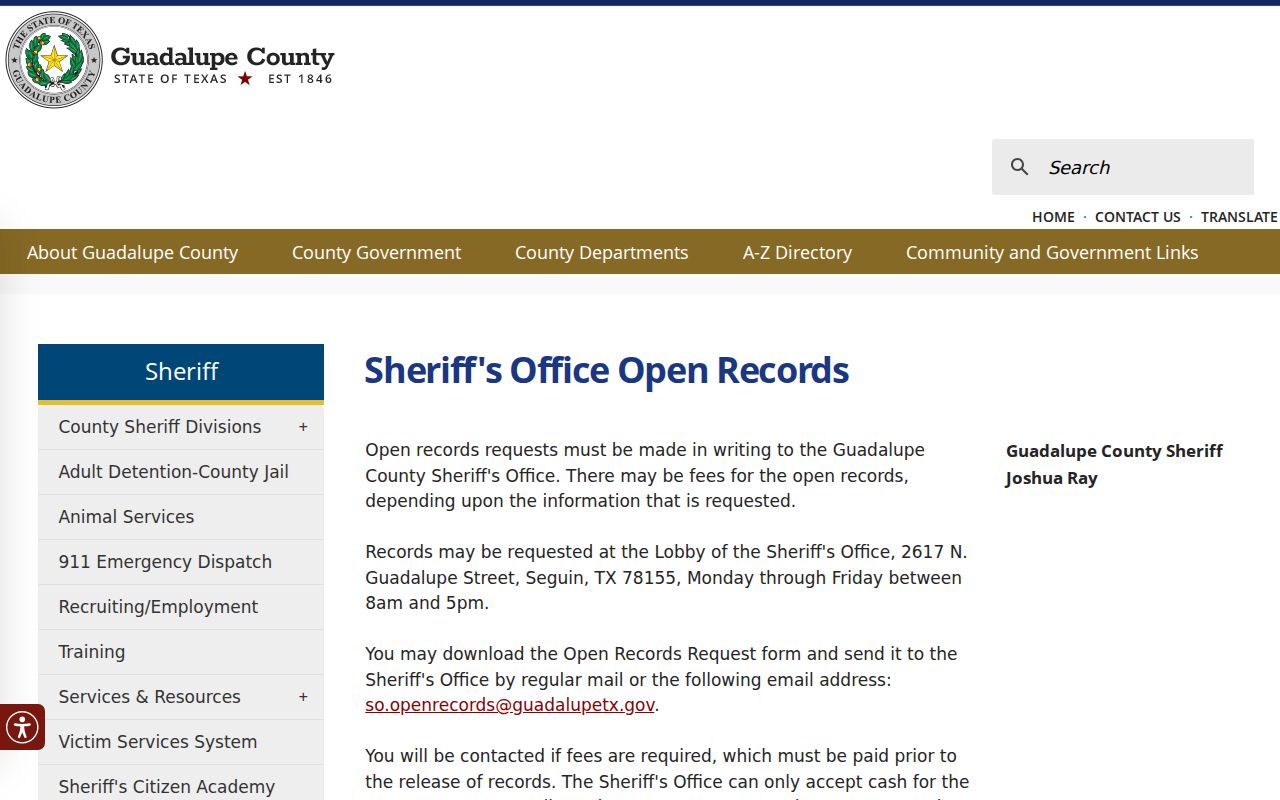 Guadalupe County arrest history sheriff open records instructions