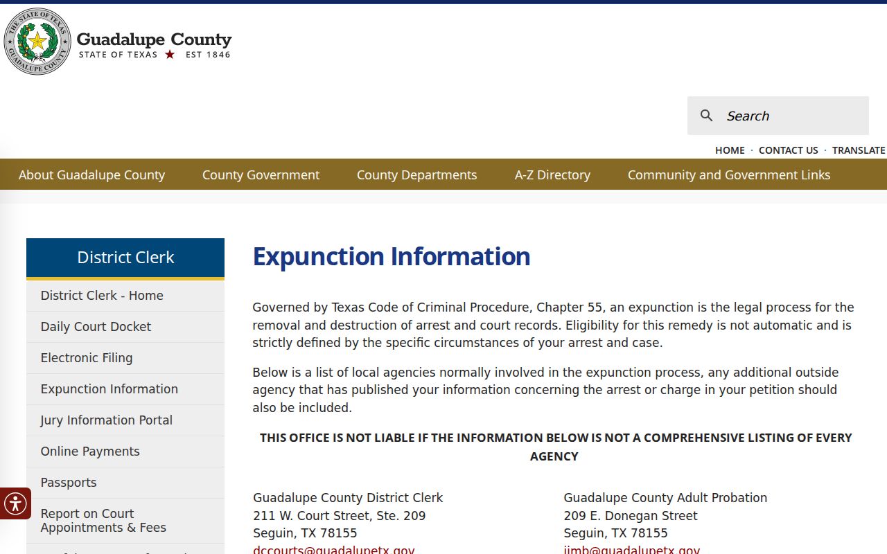 Guadalupe County criminal history local expunction guidance