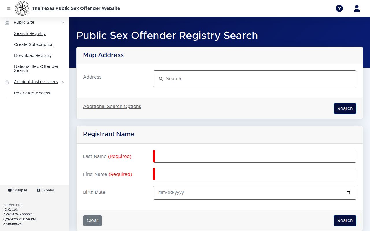 Guadalupe County sex offender check fields on the Texas DPS registry